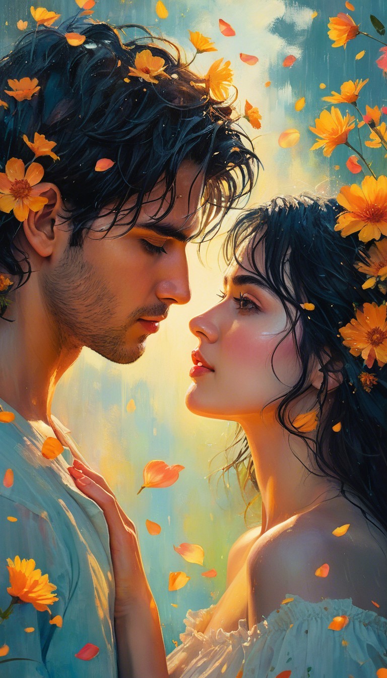 Couple in Romantic Scene Surrounded by Vibrant Flowers