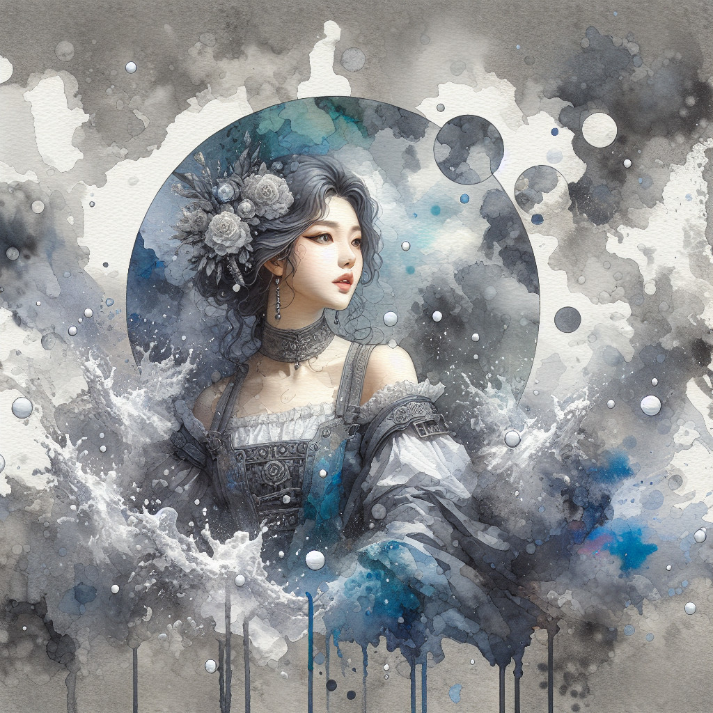 Serene Young Woman in Historical Gown with Dreamlike Setting