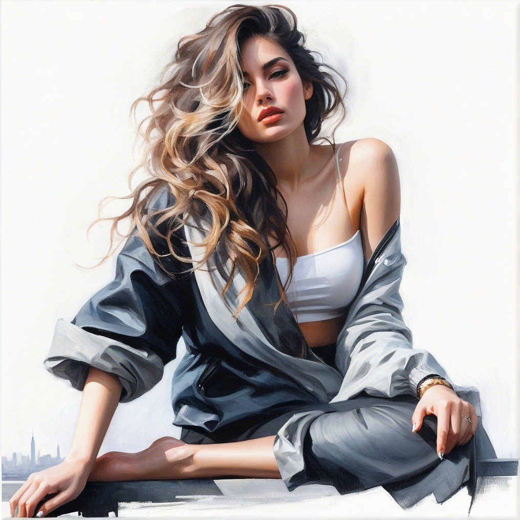 Young woman in gray jacket with city skyline backdrop