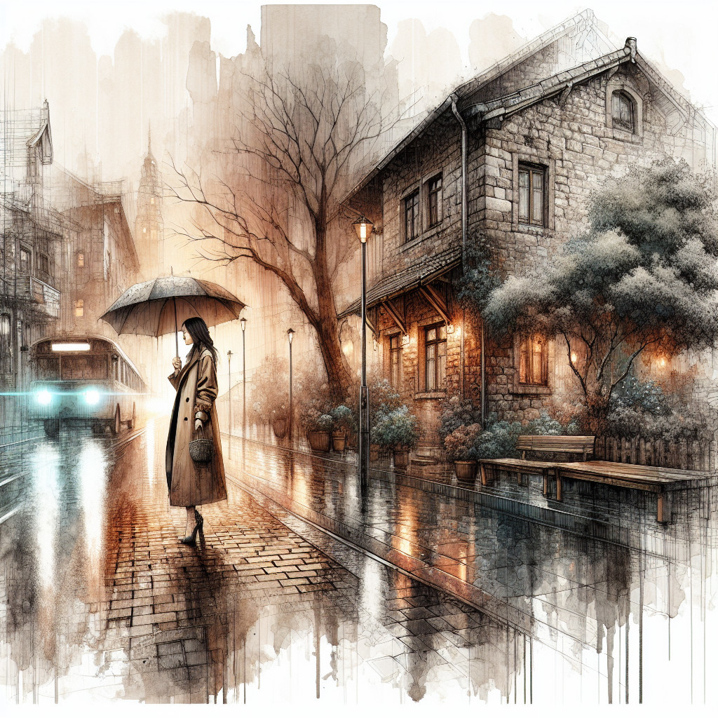 Rainy Urban Scene with Woman and Vintage Bus