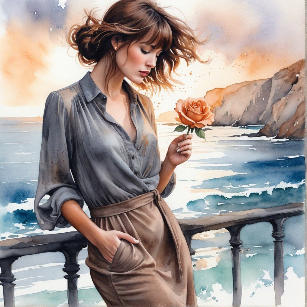 Young Woman by Seaside Balcony with Rose at Sunset