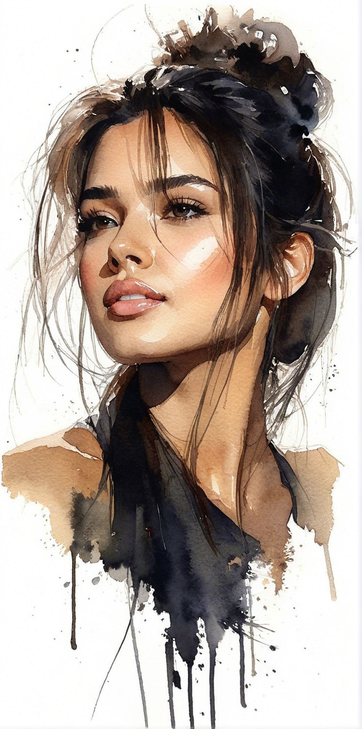 Watercolor Portrait of a Young Woman with Tousled Hair