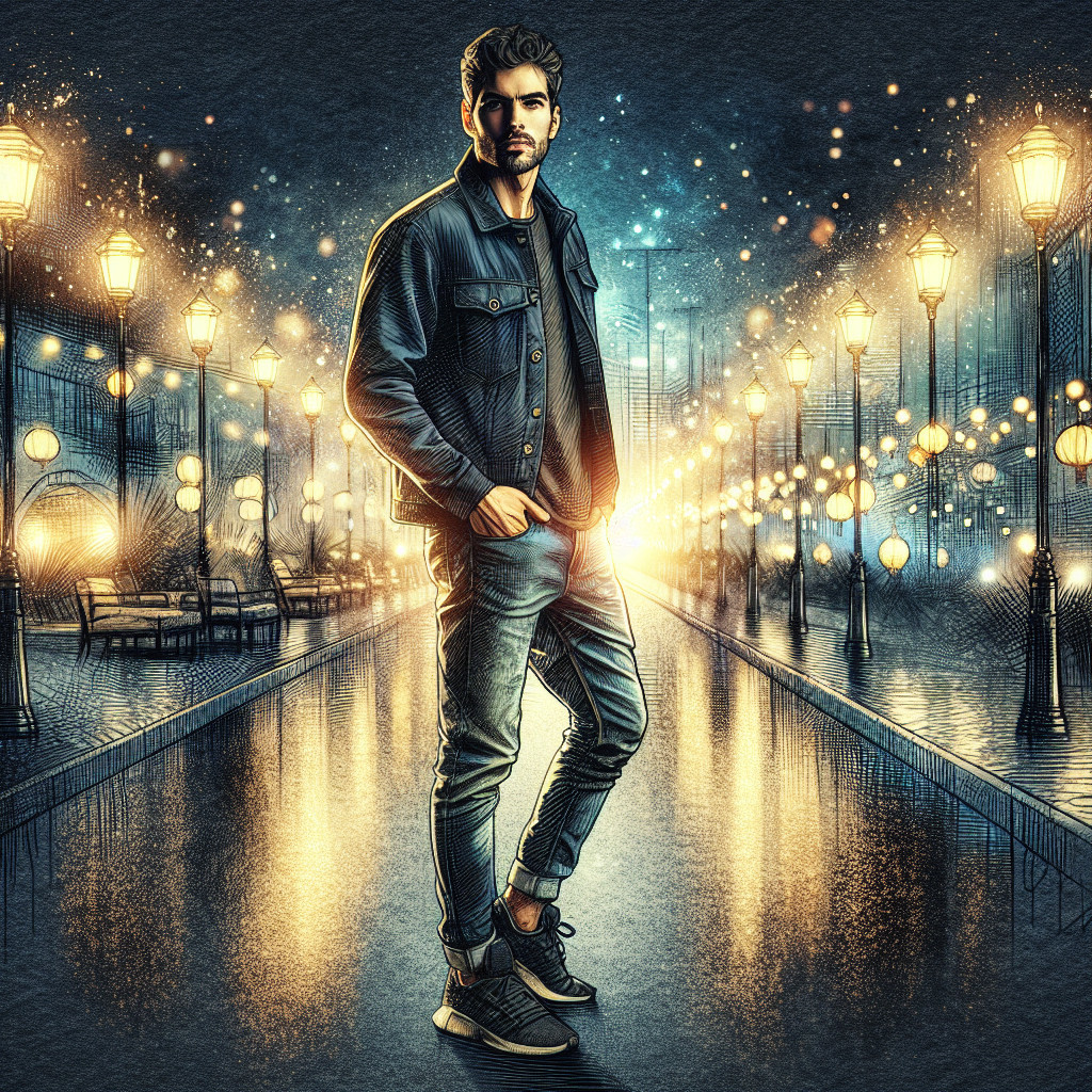 Stylish Young Man on a Glimmering Night Street