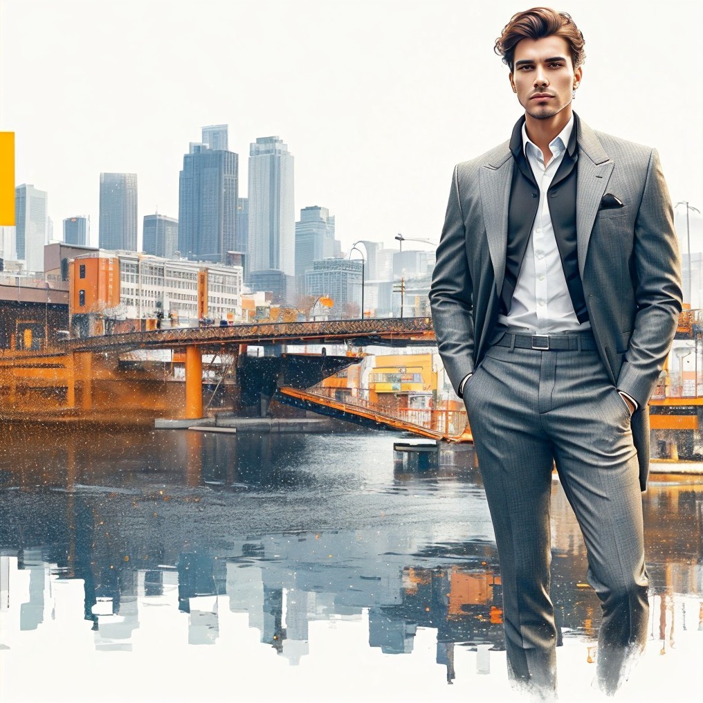 Man in Gray Suit Against Modern City Skyline
