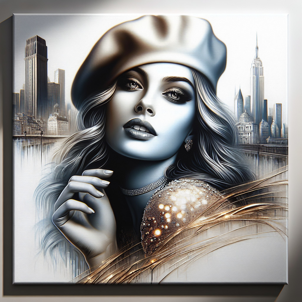 Portrait of a Woman in a Beret with City Skyline