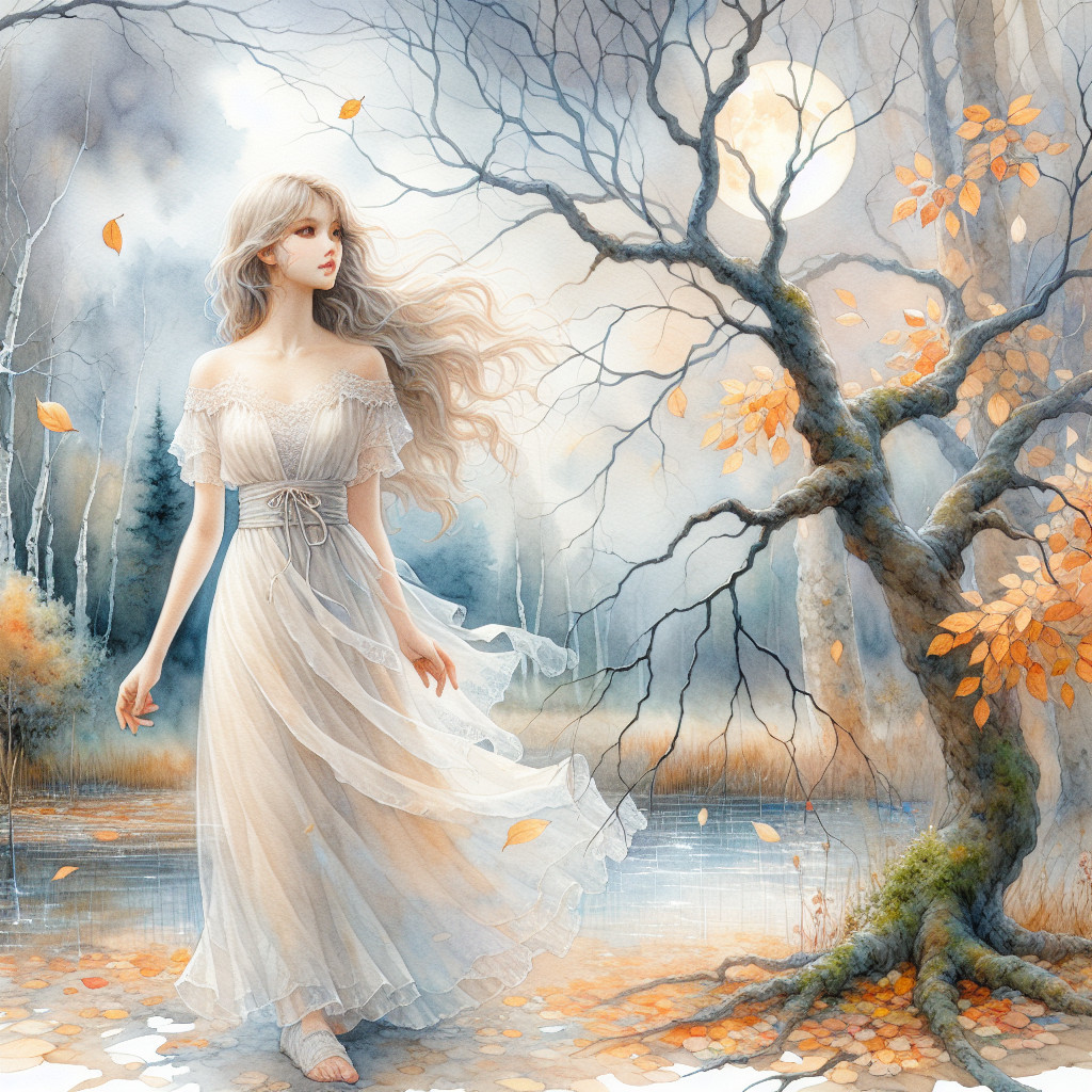 Young Woman in White Dress by Tranquil Water Body