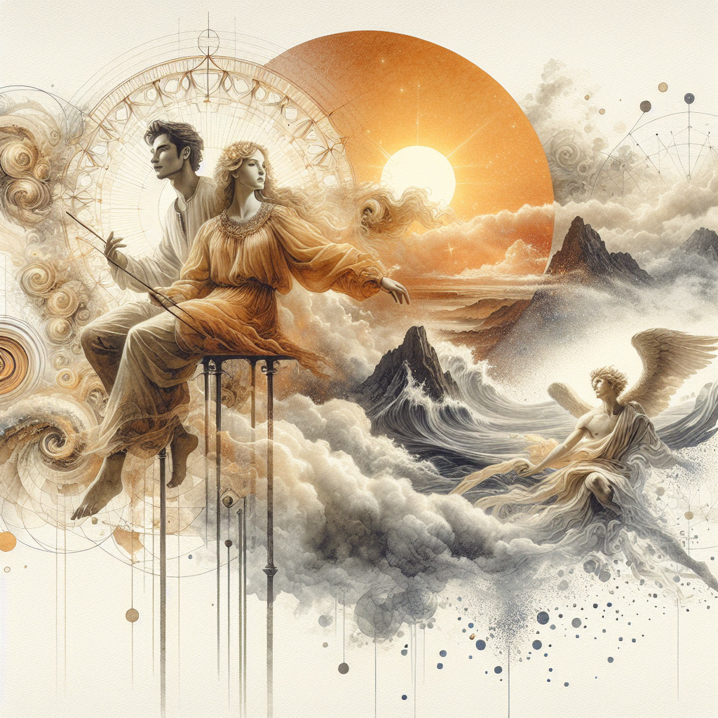 Ethereal Scene with Figures Amidst Celestial Elements