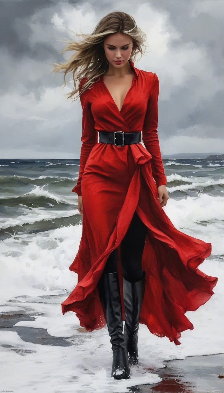 Woman in Red Dress Strolling on Beach at Dusk