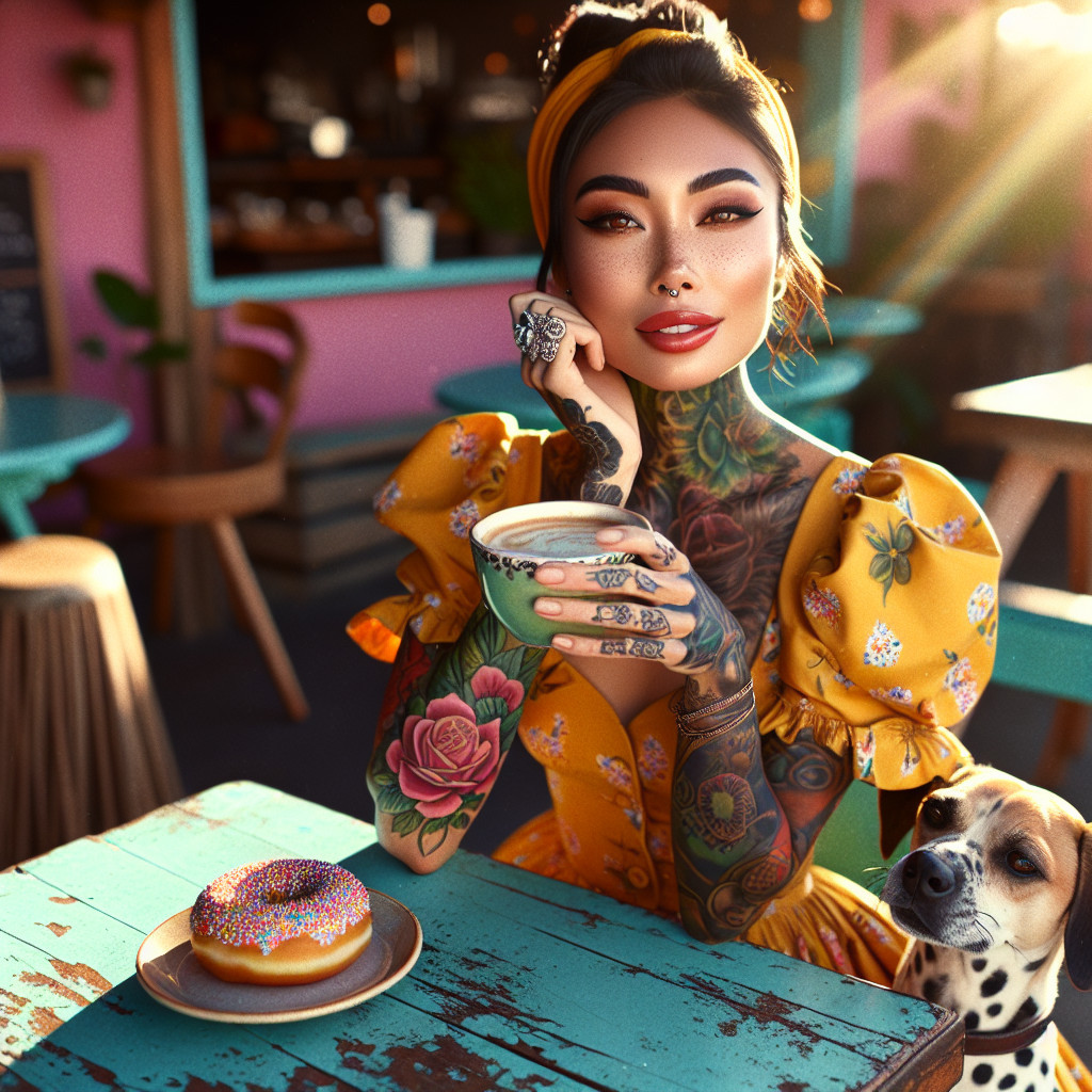 Stylish Woman with Tattoos at Colorful Café Table