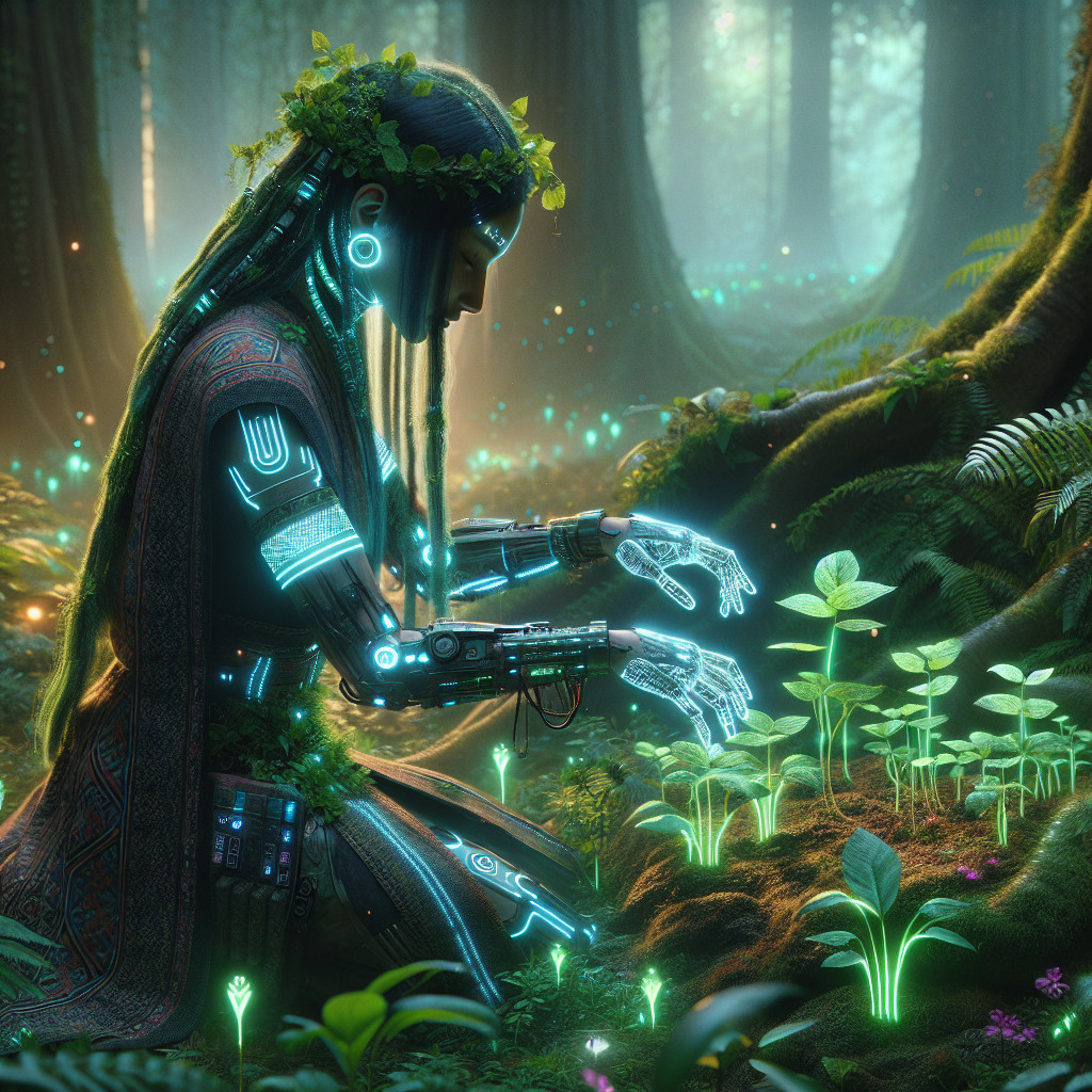 Humanoid Robot in Mystical Forest with Glowing Flora