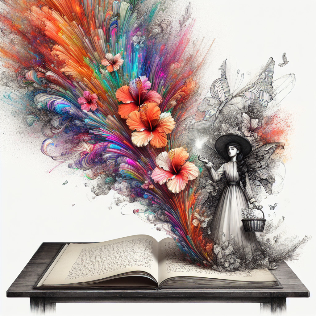 Open Book Surrounded by Colorful Flowers and Fairy