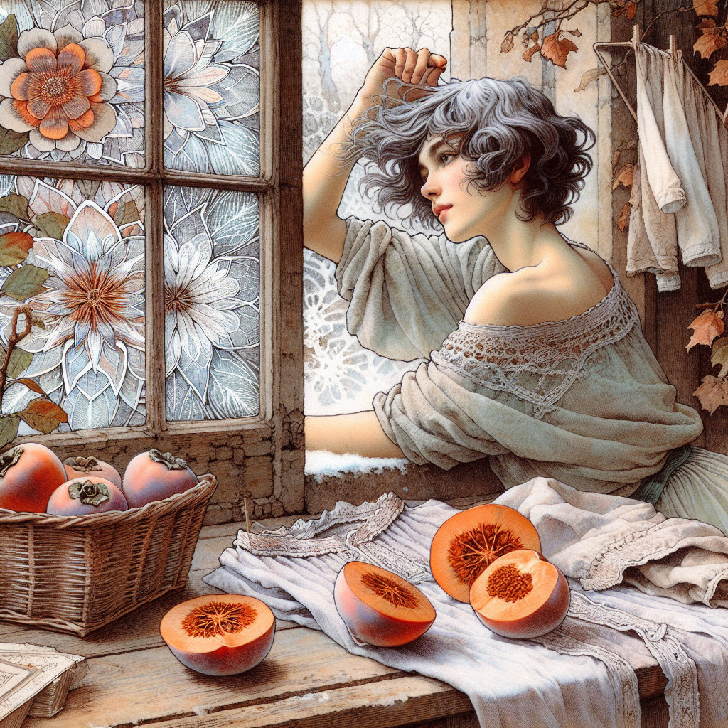 Young Woman with Gray Hair and Floral Window Frame