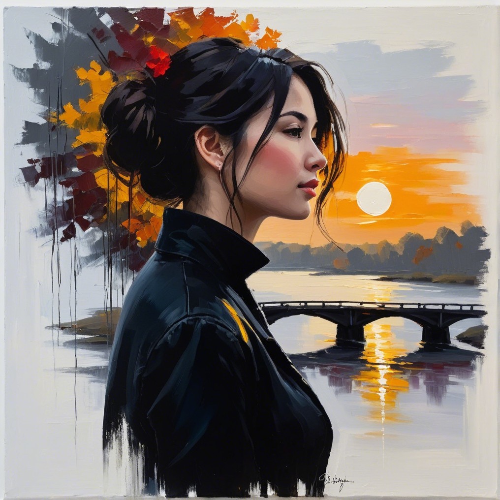 Portrait of a Young Woman at Sunset with Bridge