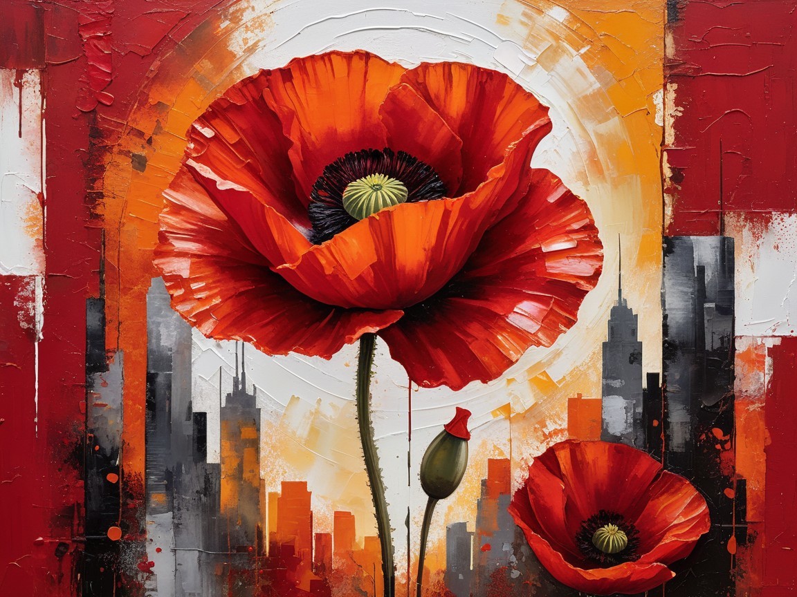 Vibrant Red Poppies in Abstract Cityscape Artwork