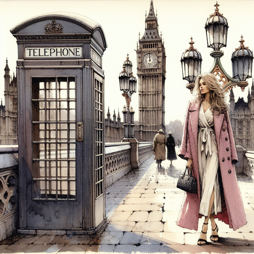 Fashionable woman in pink coat near Big Ben and booth