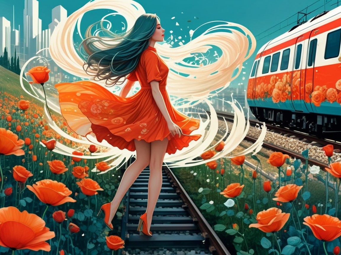 Woman in Orange Dress on Train Tracks with Poppies