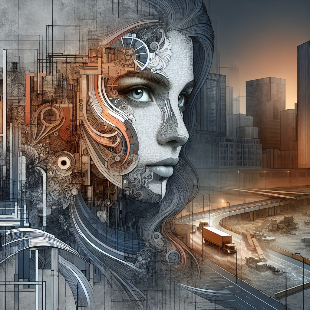 Woman's Face Merged with Mechanical Elements and Cityscape