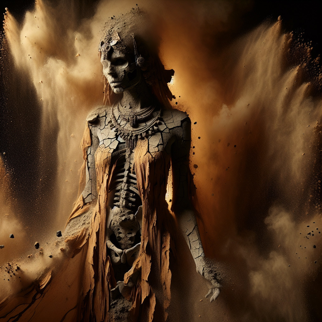 Surreal Skeleton Figure in Dusty Ethereal Setting