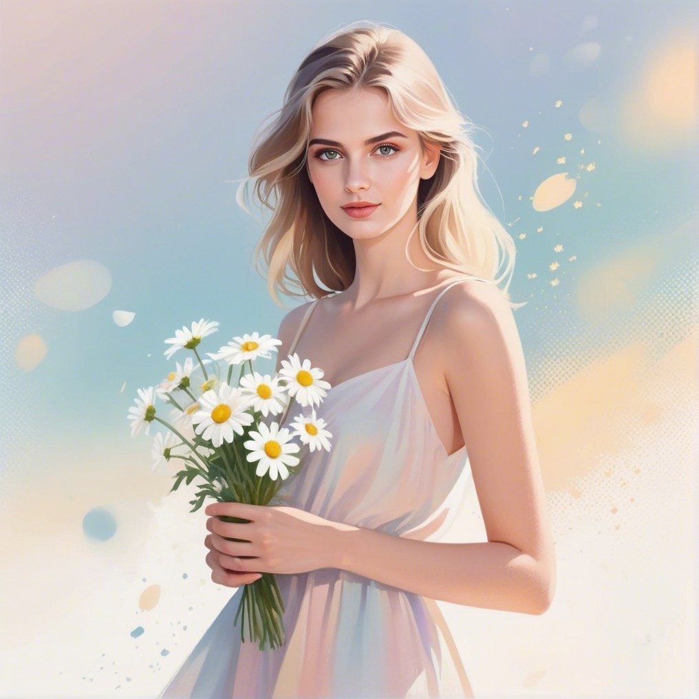 Young woman with daisies in a pastel background