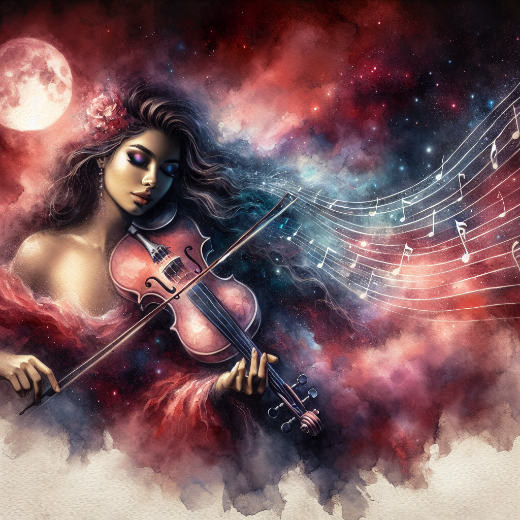 Woman Playing Violin Against Cosmic Colorful Backdrop