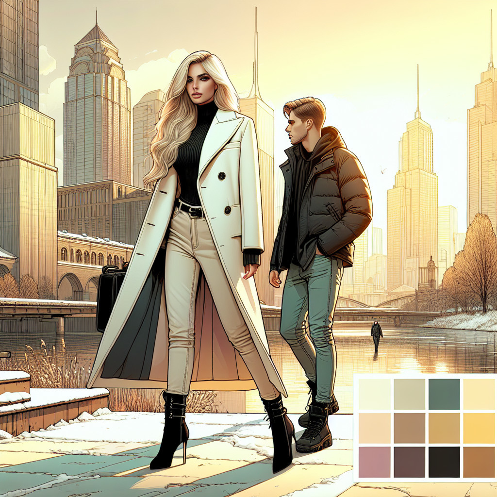 Fashionable Couple by Snow-Dusted Waterfront at Sunset