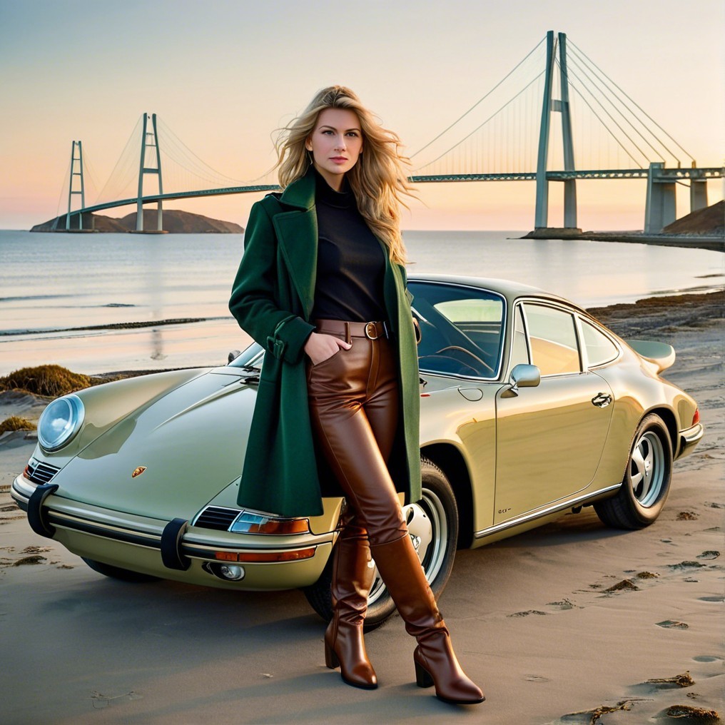 Stylish Woman with Vintage Porsche at Sunset Beach
