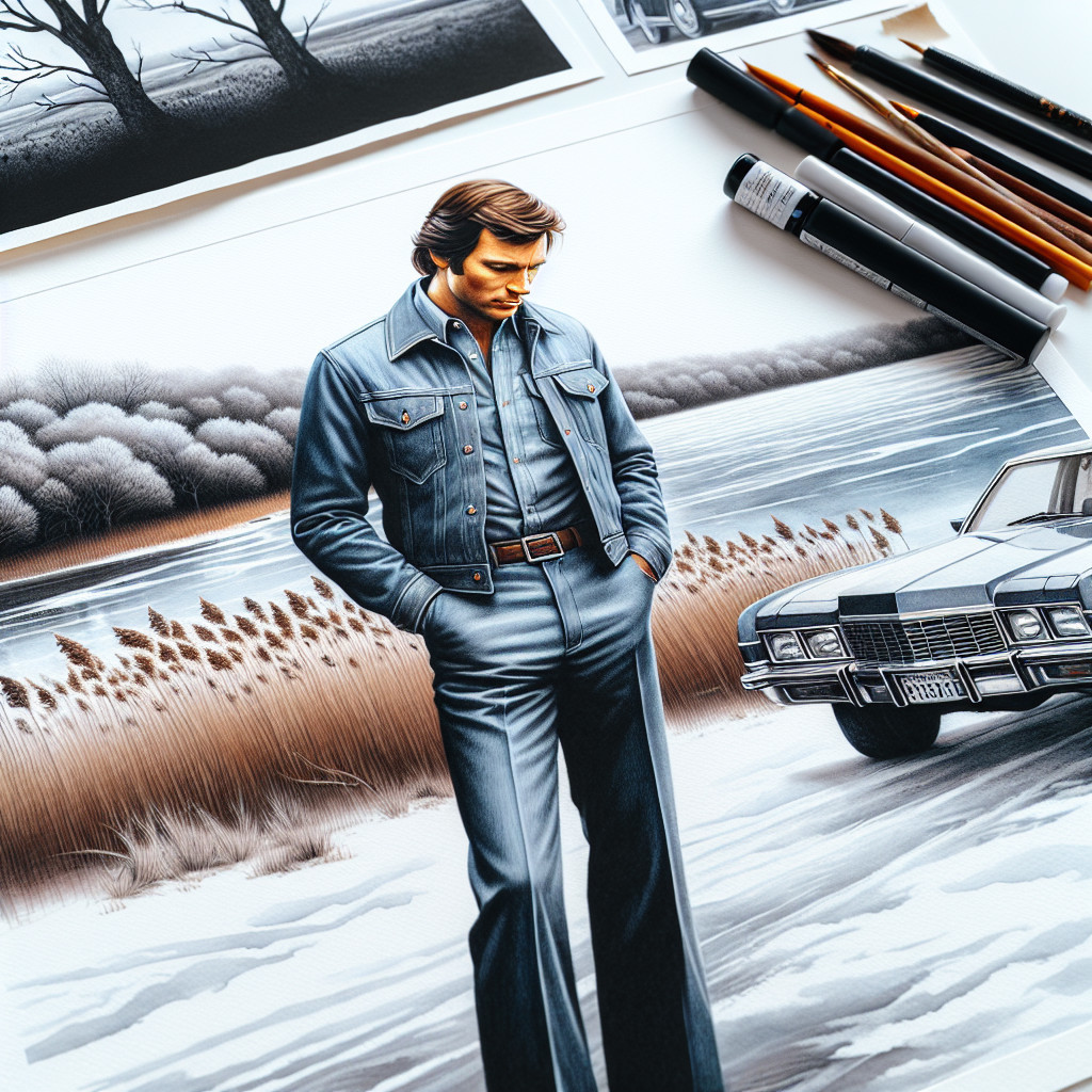 Stylish Figure in Denim by Serene Lakeside Scene