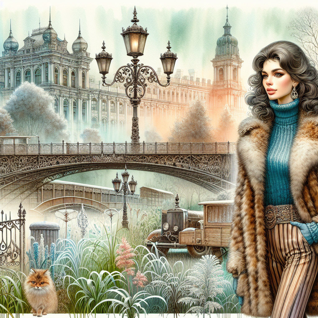 Fashionable Woman in Fur Coat at Winter Bridge Scene