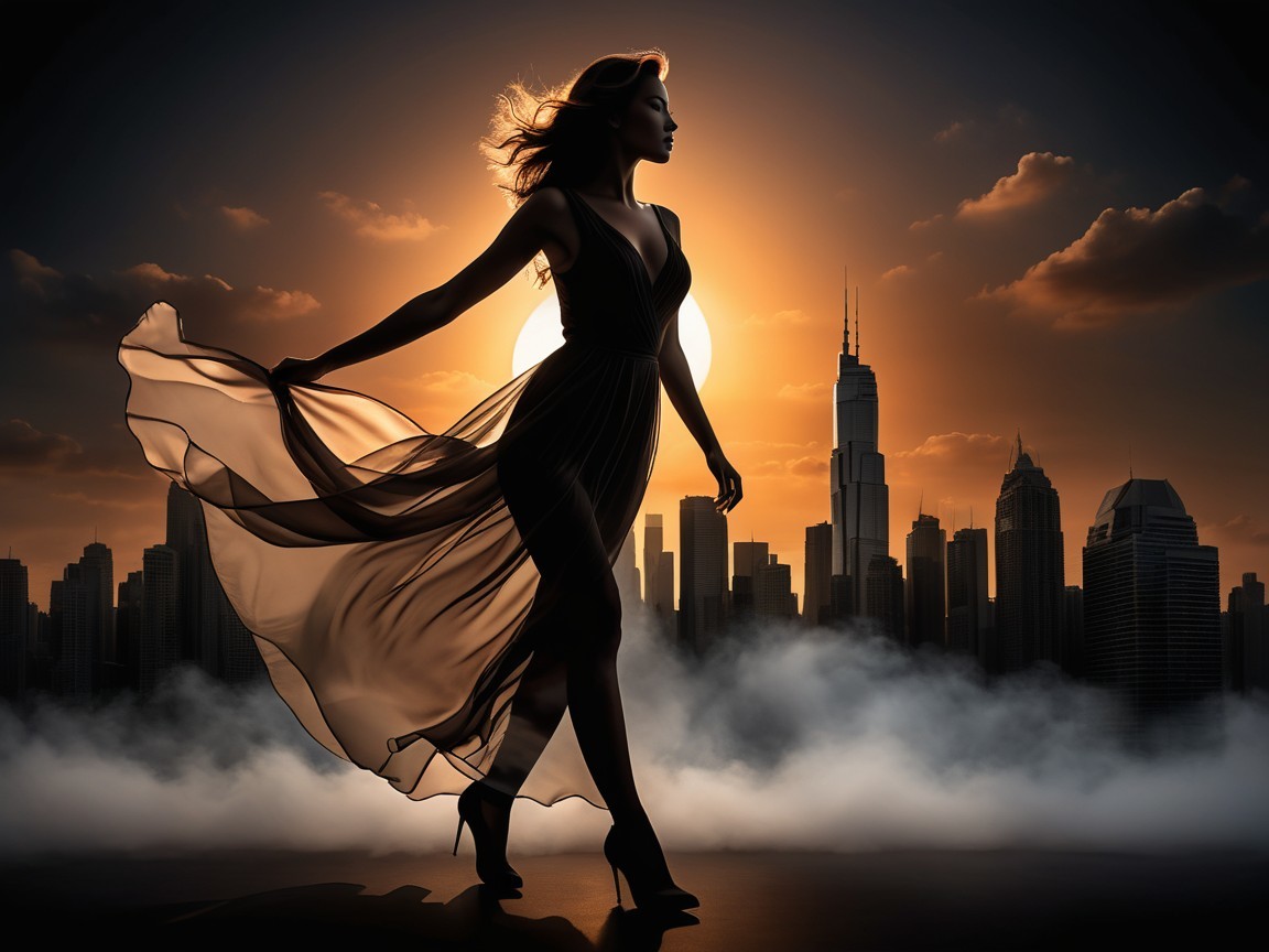 Silhouetted Woman in Dress Against Vibrant Sunset
