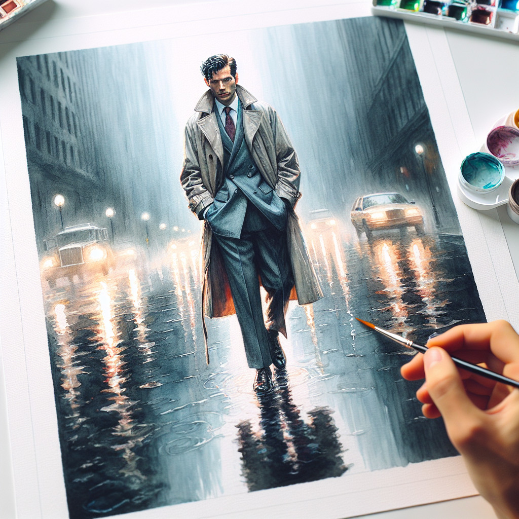 Man in gray suit walking in rainy city at night