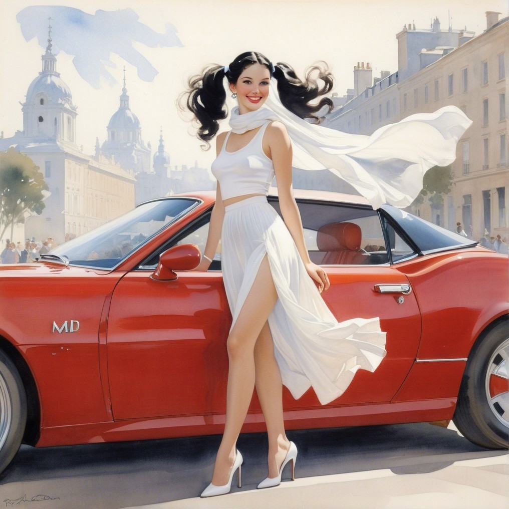 Stylish Woman in White Outfit by Red Convertible Car