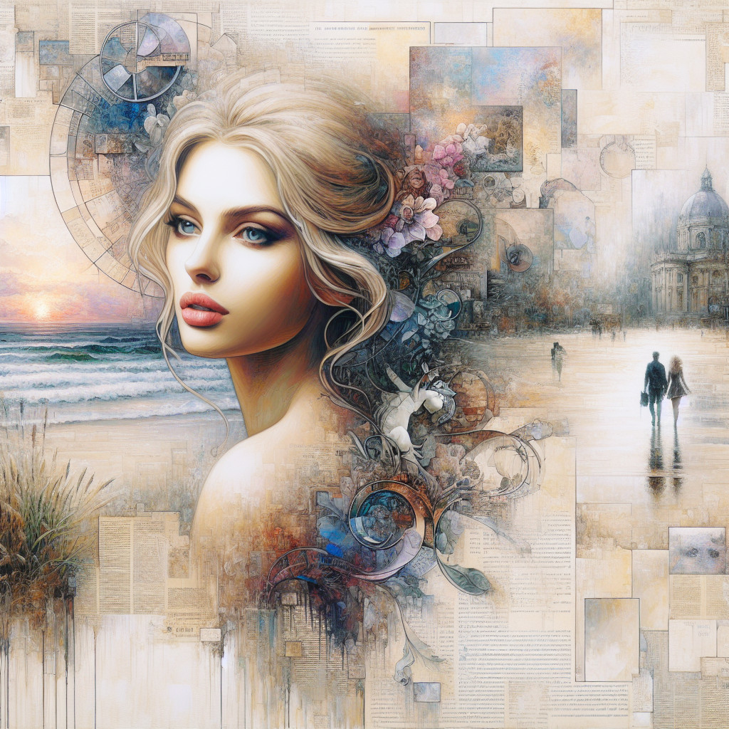 Serene Woman Surrounded by Pastel Colors and Beach Scene