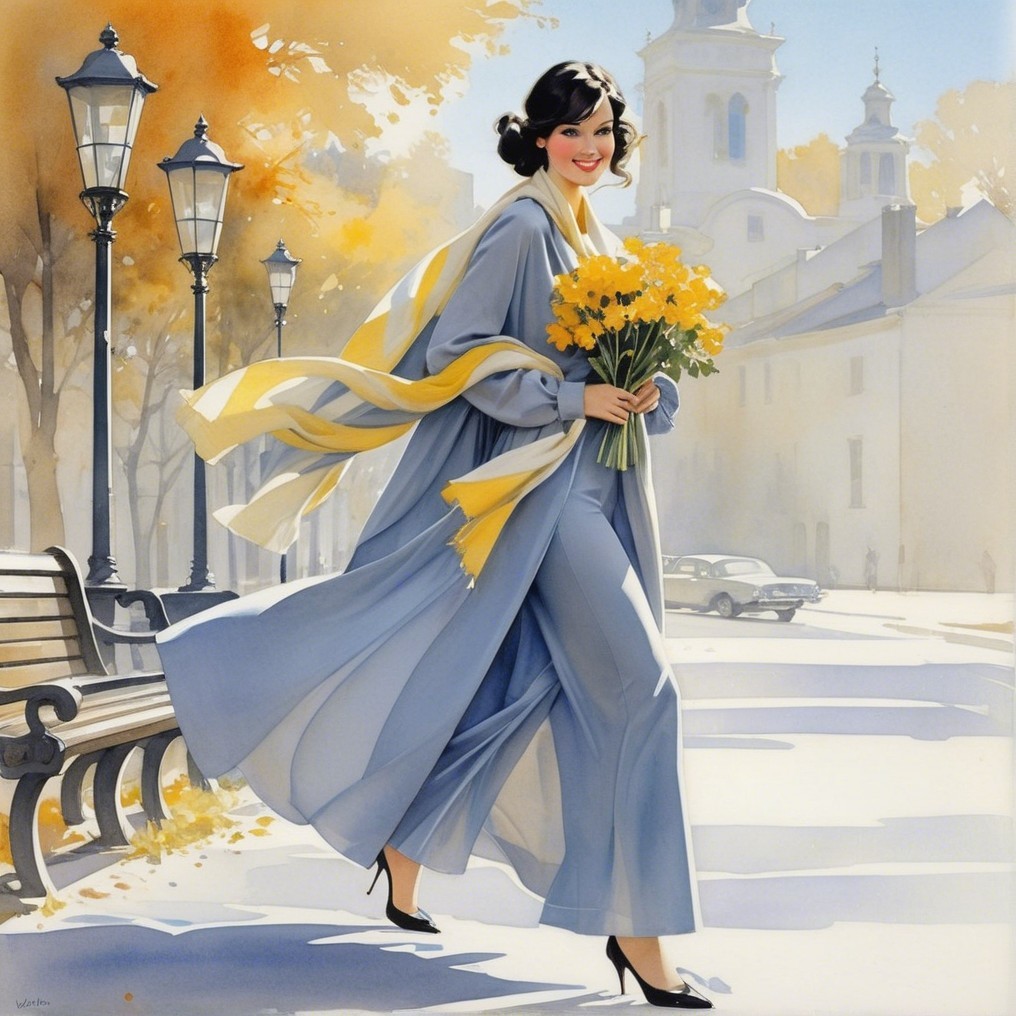 Joyful Woman in Light Blue Outfit on Sunny Street