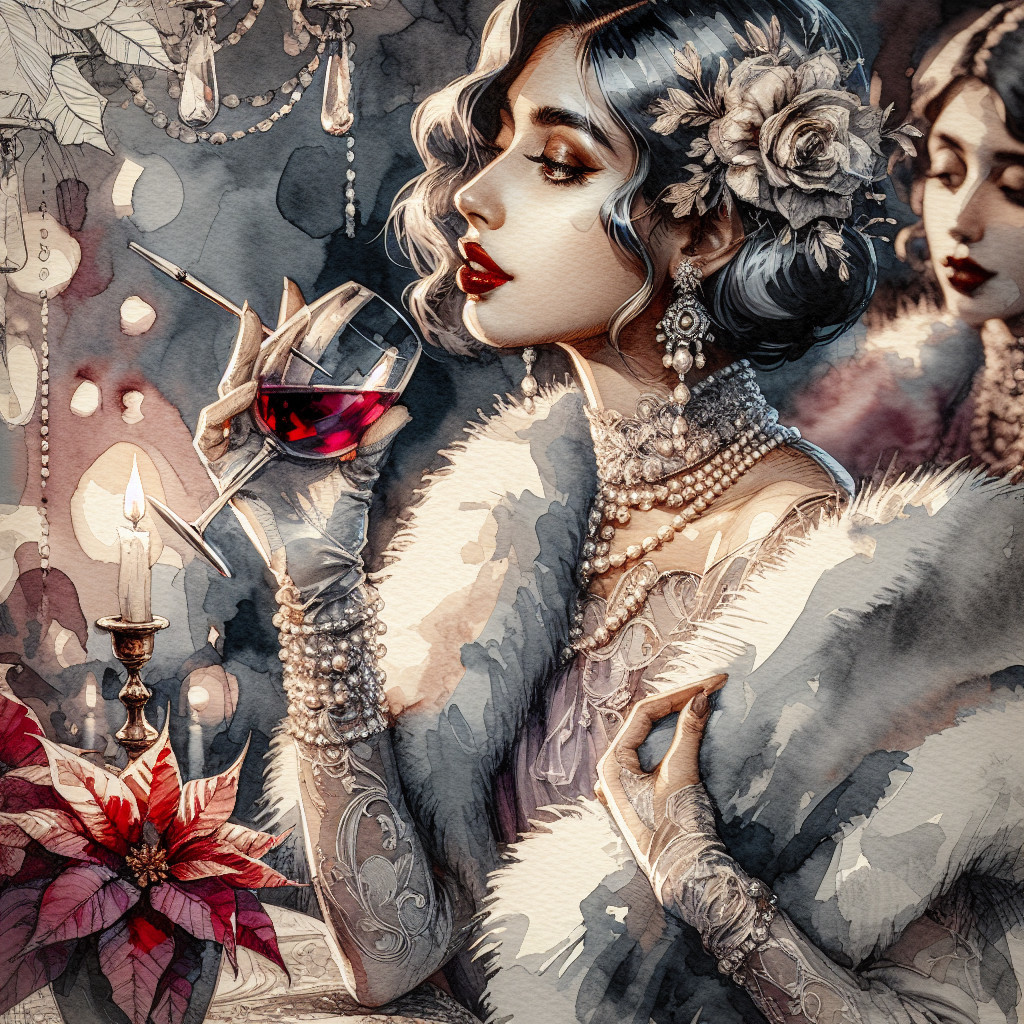 Glamorous Woman in Vintage Attire Enjoys Cocktail