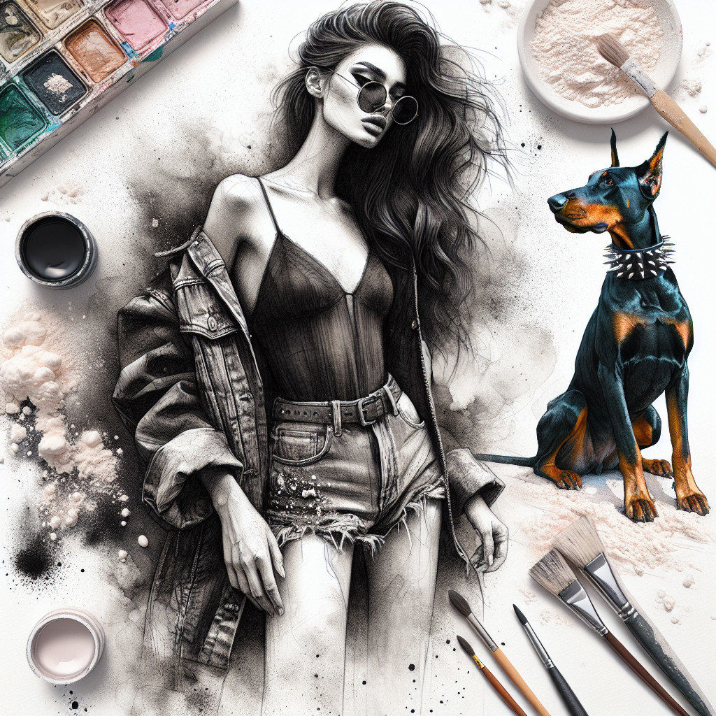 Monochromatic Illustration of Woman with Doberman