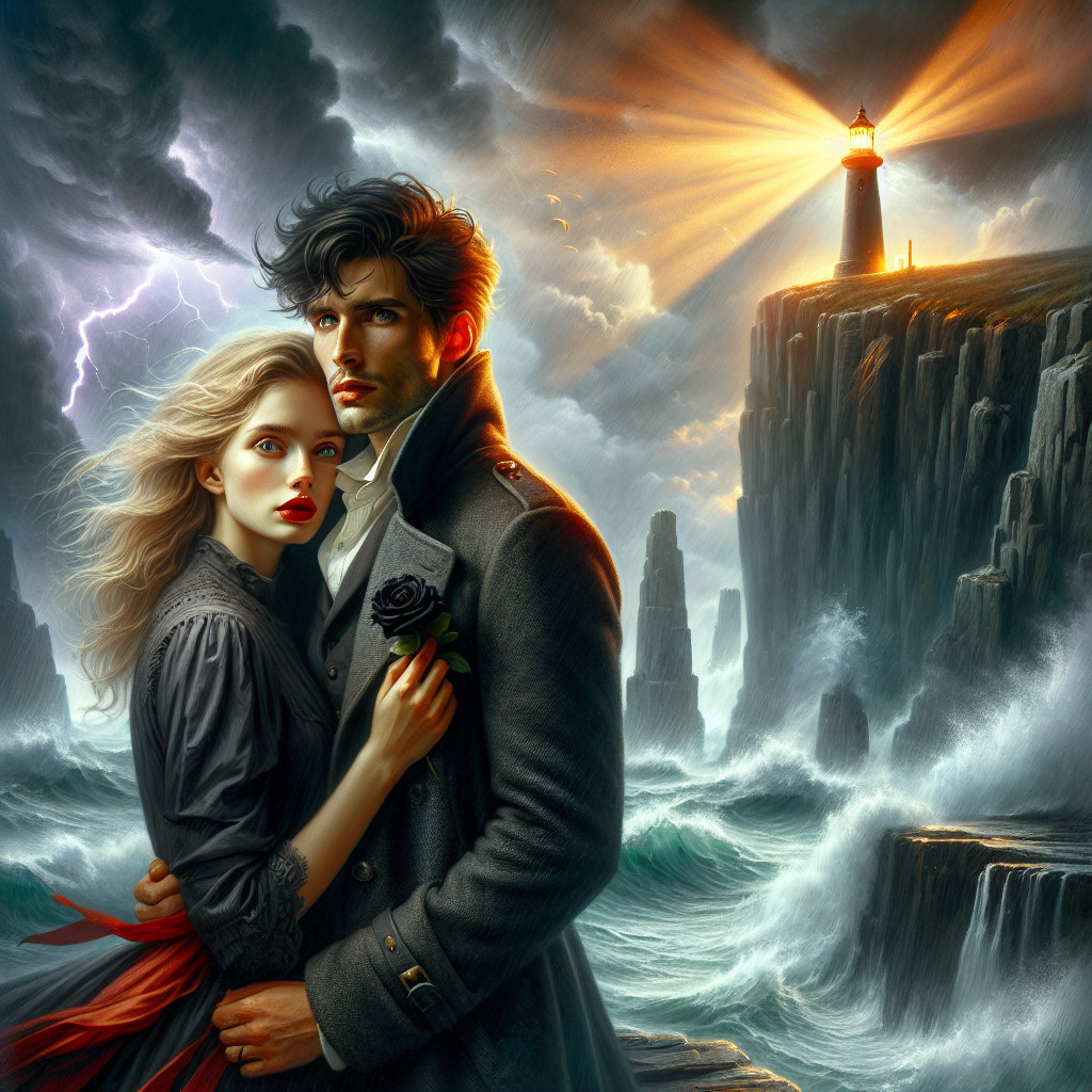 Couple Embraced by Stormy Seaside with Lighthouse