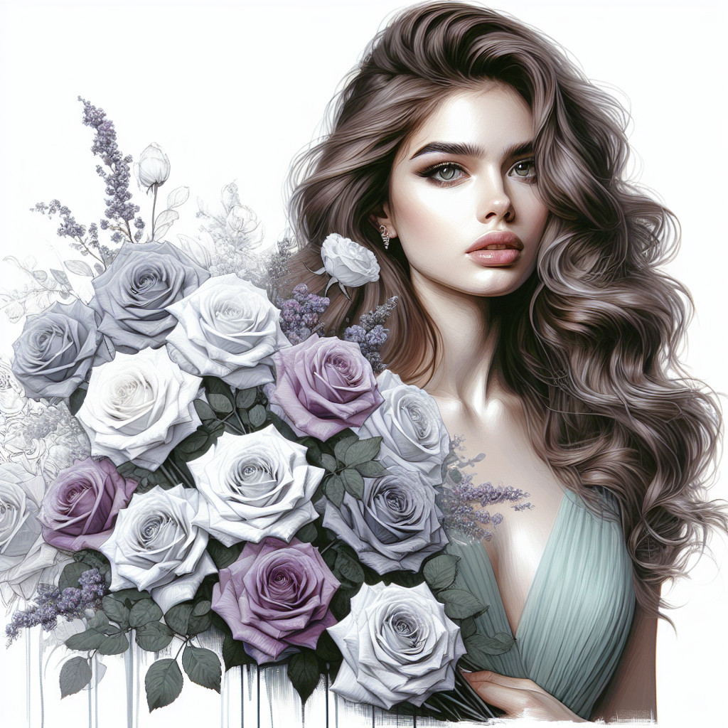 Young woman beside a bouquet of white and lavender roses