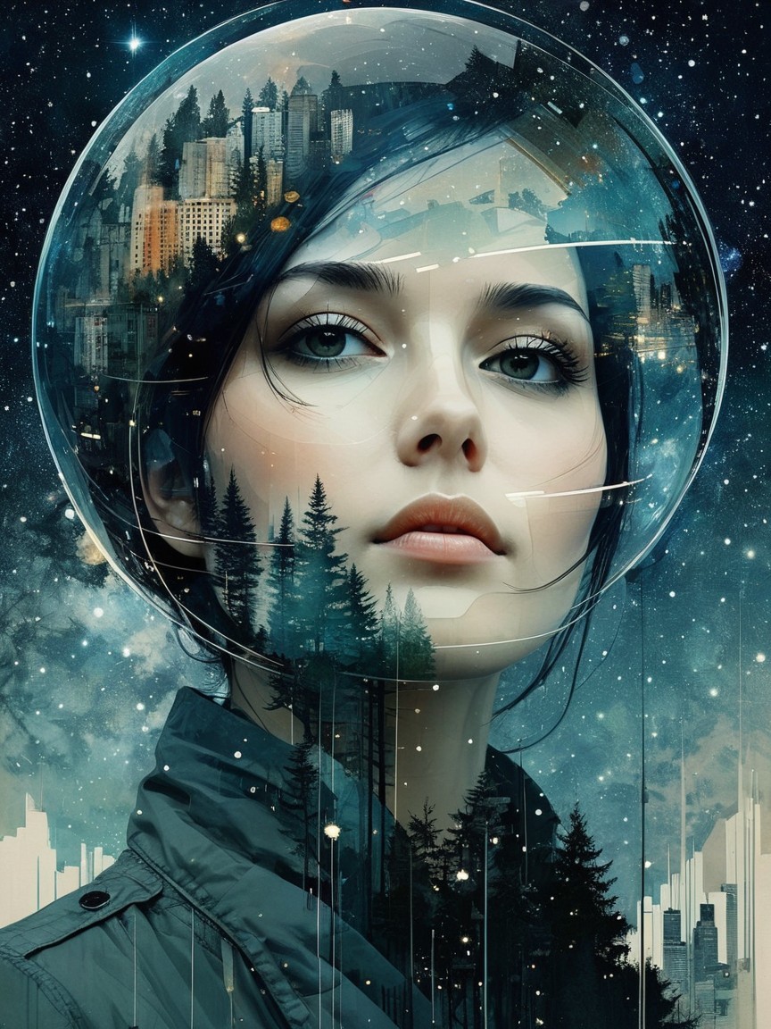 Surreal Portrait of Woman in Space Helmet with Cityscape