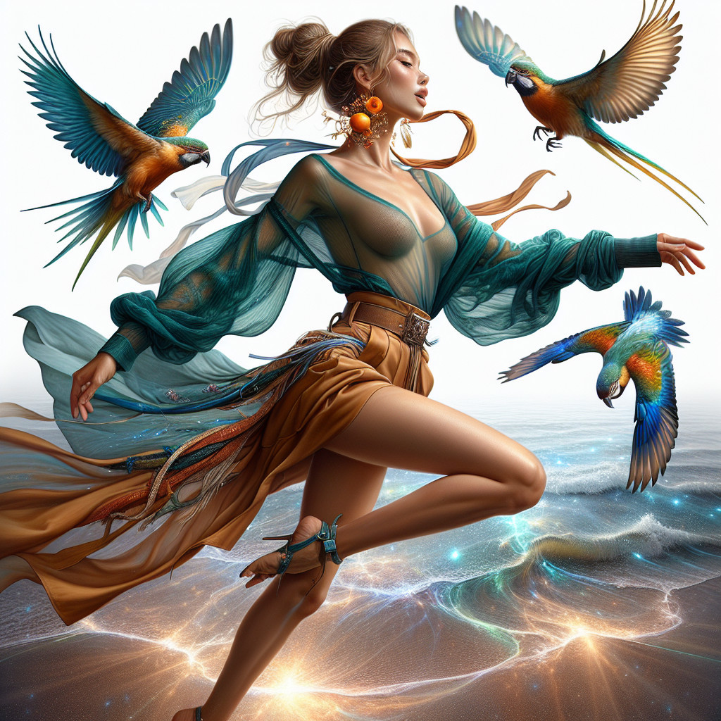 Dancer in Vibrant Outfit with Colorful Macaws