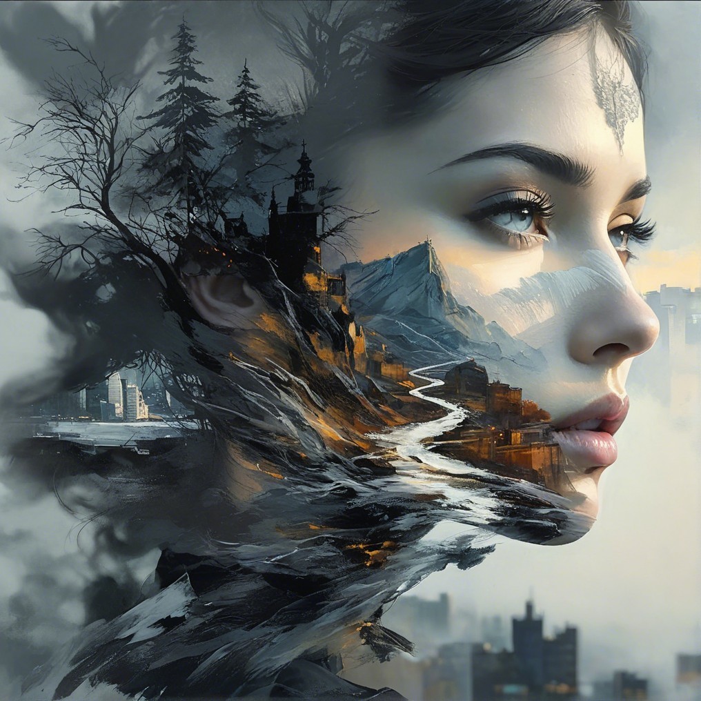 Surreal Double Exposure of Woman and Landscape