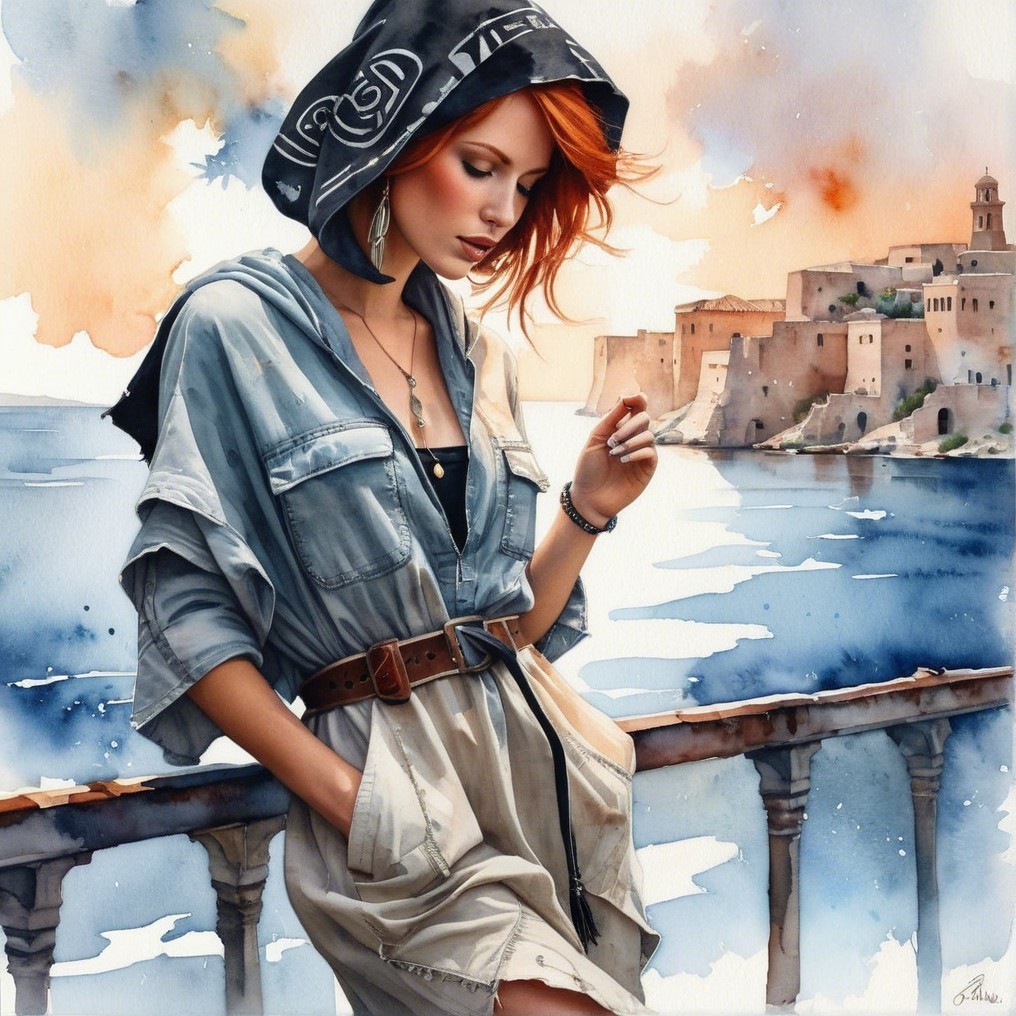 Young Woman on Balcony Overlooking Tranquil Sea