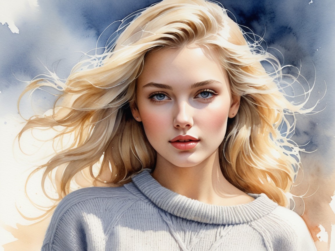 Portrait of a Young Woman with Blonde Hair and Blue Eyes
