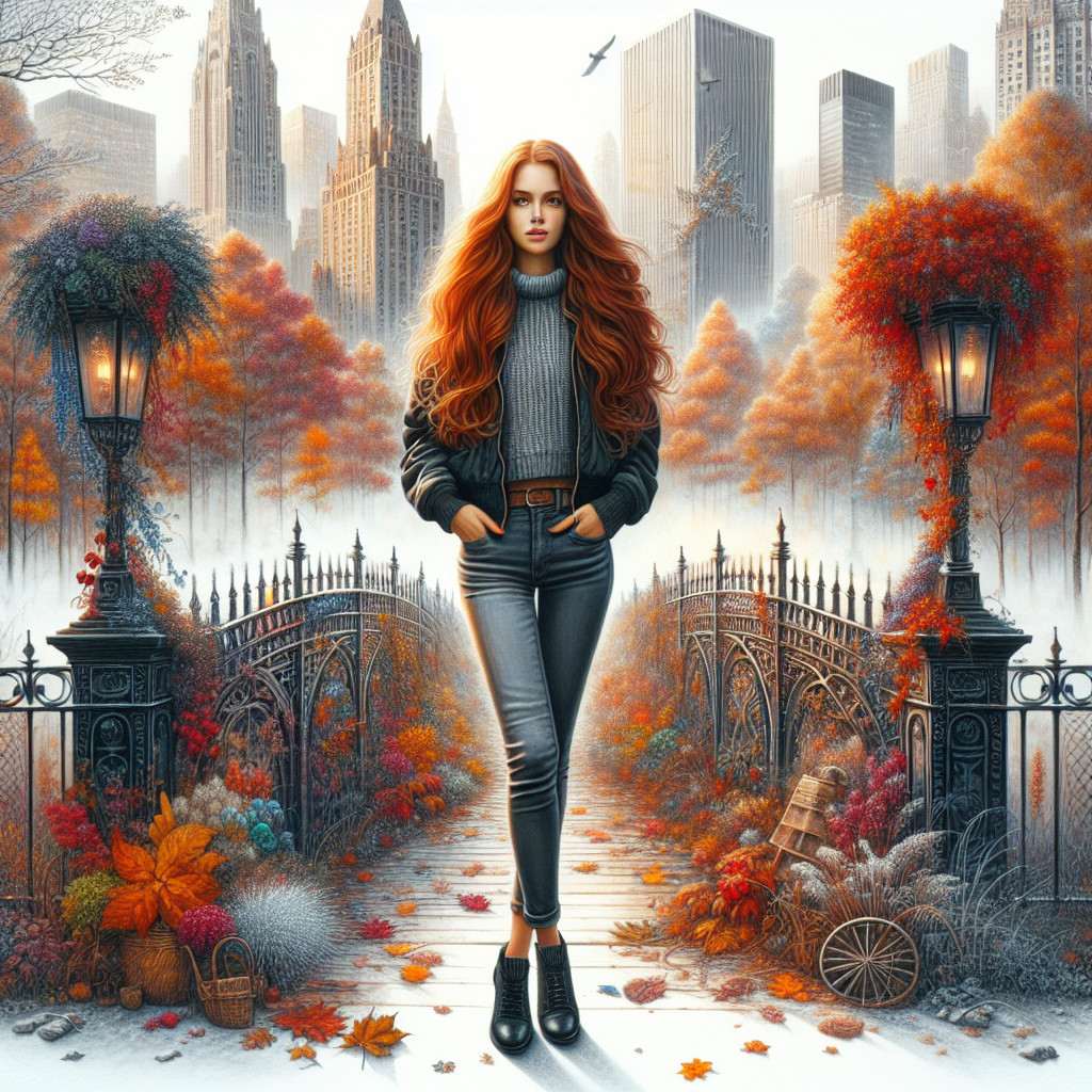 Young Woman on Bridge in Autumn Urban Park Scene