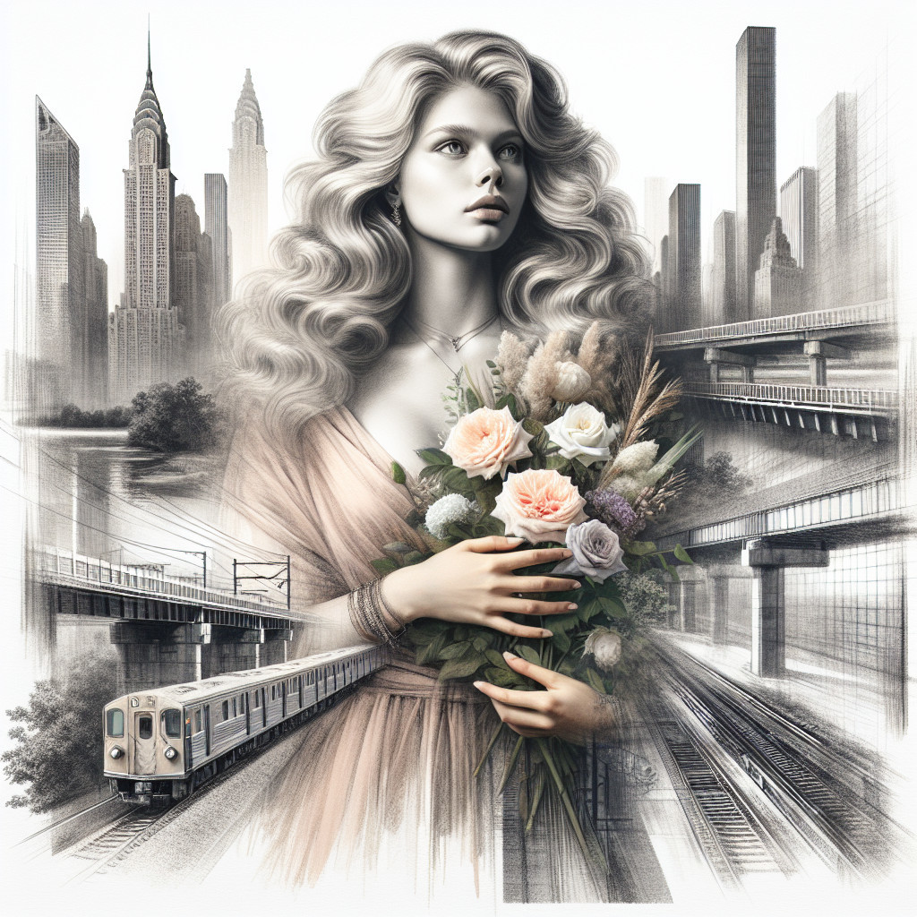 Serene Woman with Flowers and Urban Cityscape