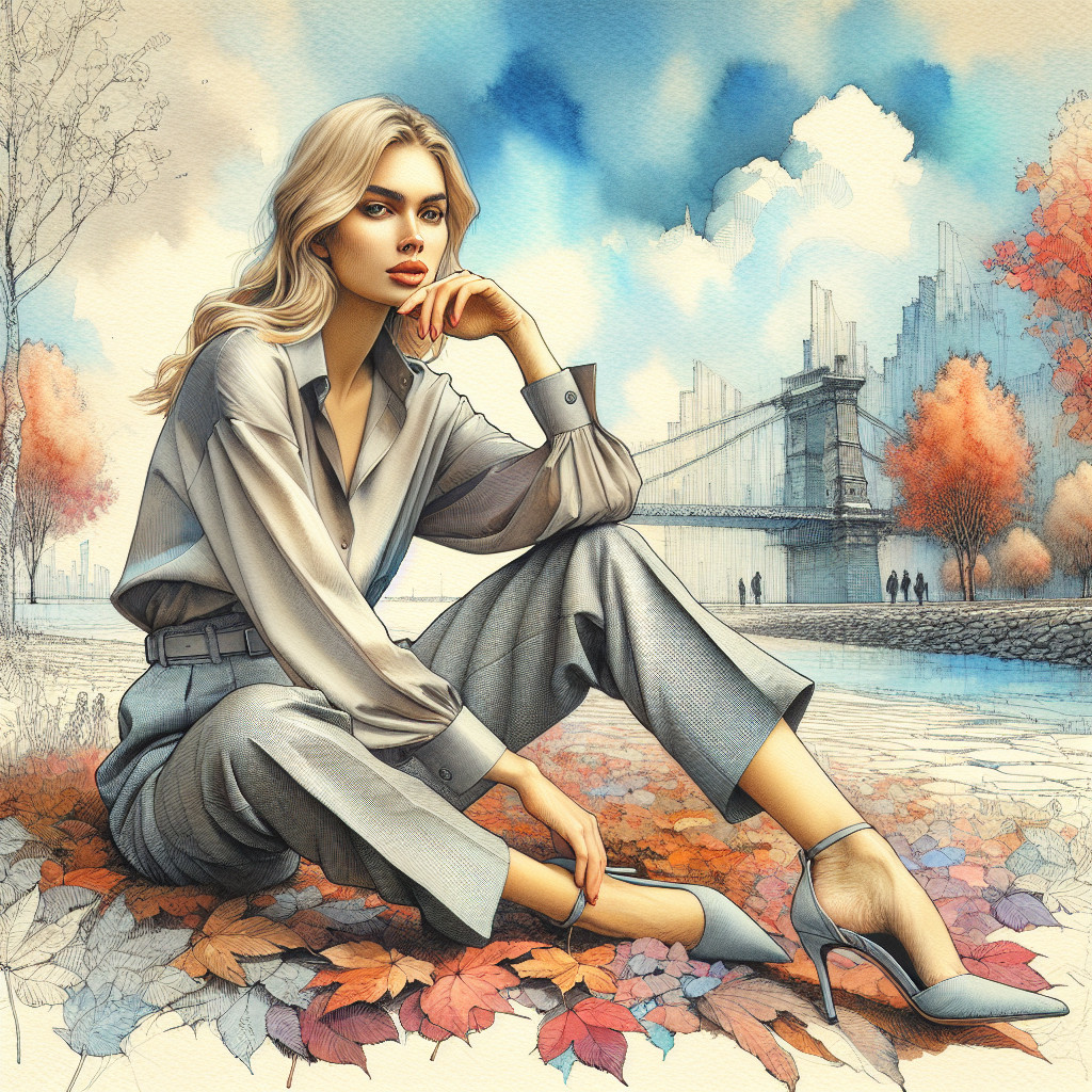Stylish Woman in Autumn Leaves with Cityscape Backdrop