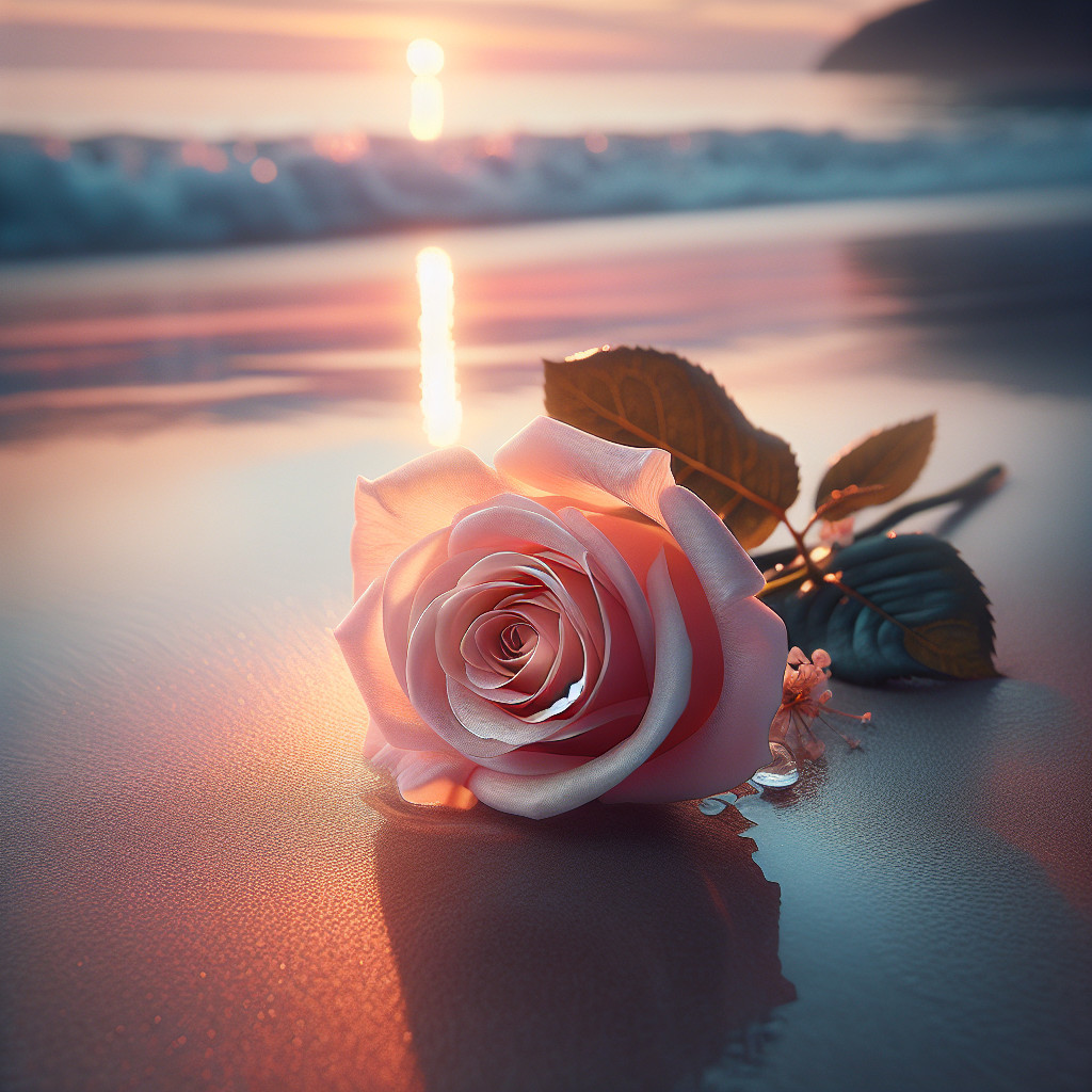 Pink Rose on Wet Sand at Sunset by the Ocean