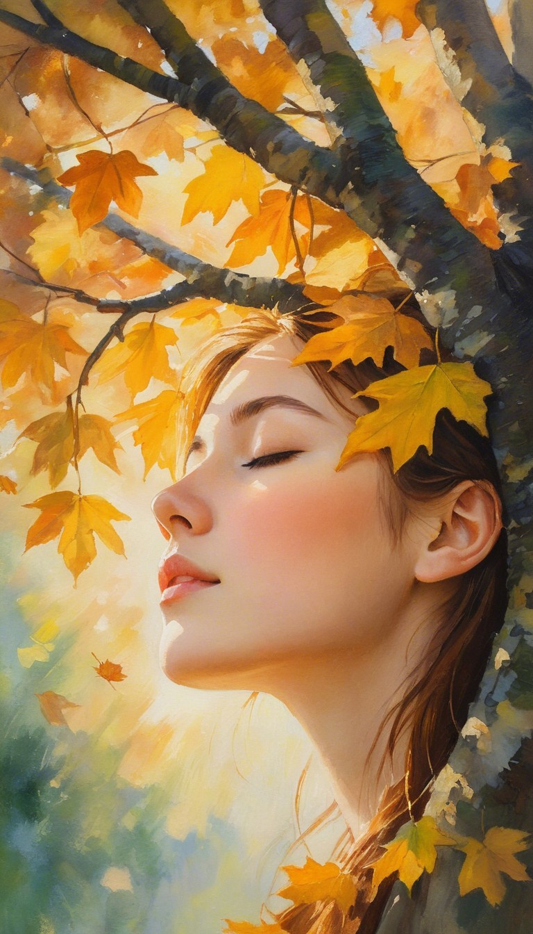 Serene Young Woman in Sunlit Autumn Setting