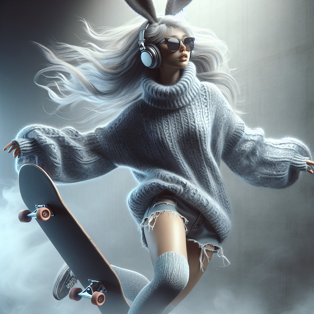 Slender Young Woman Skateboarding with Bunny Ears