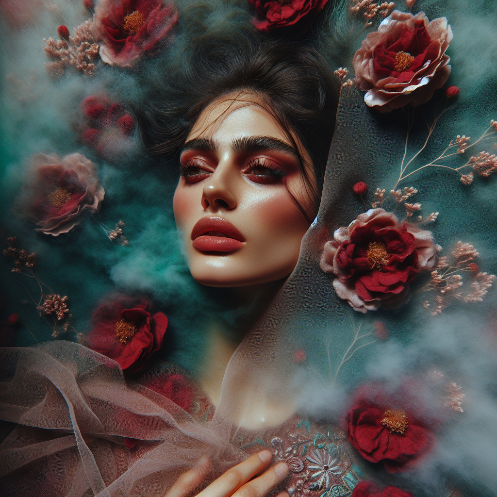 Portrait of a woman with dramatic makeup and flowers