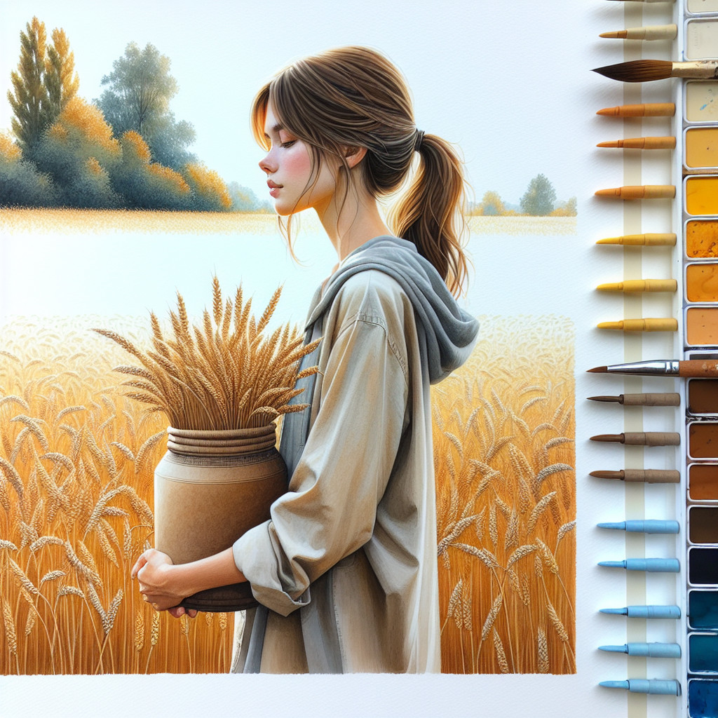Young Woman in Wheat Fields with Art Supplies Nearby